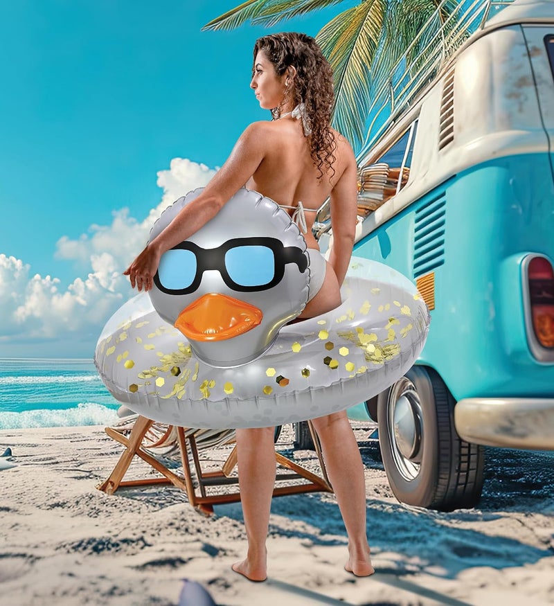 POZA Inflatable Duck Pool Float Tube- Heavy Duty Vinyl UV Resistant Confetti Pool Duck Floatie, Animal Pool Float Swim Ring Pool Inflatables for Kids and Adults for Beach, Party, Vacation - Image 4